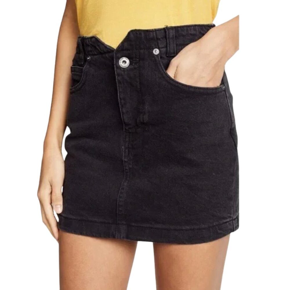 Free People Black Denim Mini Skirt Upcycled Paisley Pocket Size 29